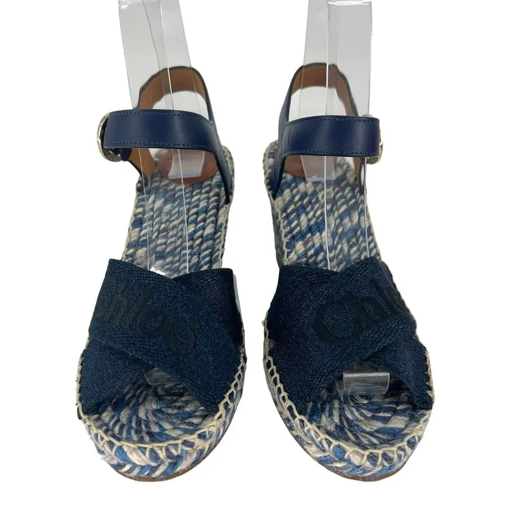 Chloe Piia Denim Logo Espadrille Wedge Sandals with Leather Straps‎ Size 36